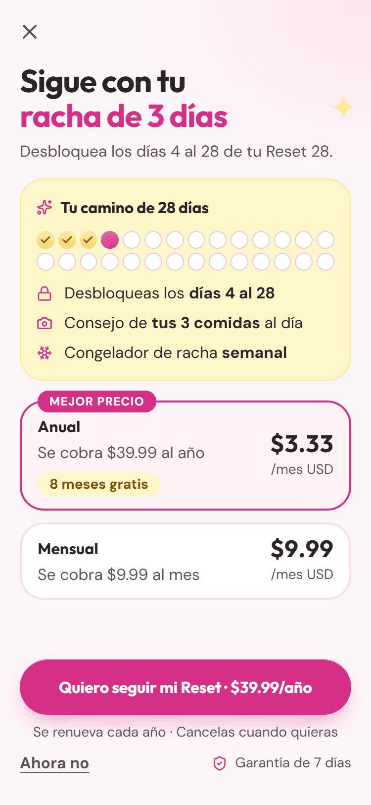 Pantalla de planes con precio y renovación a la vista