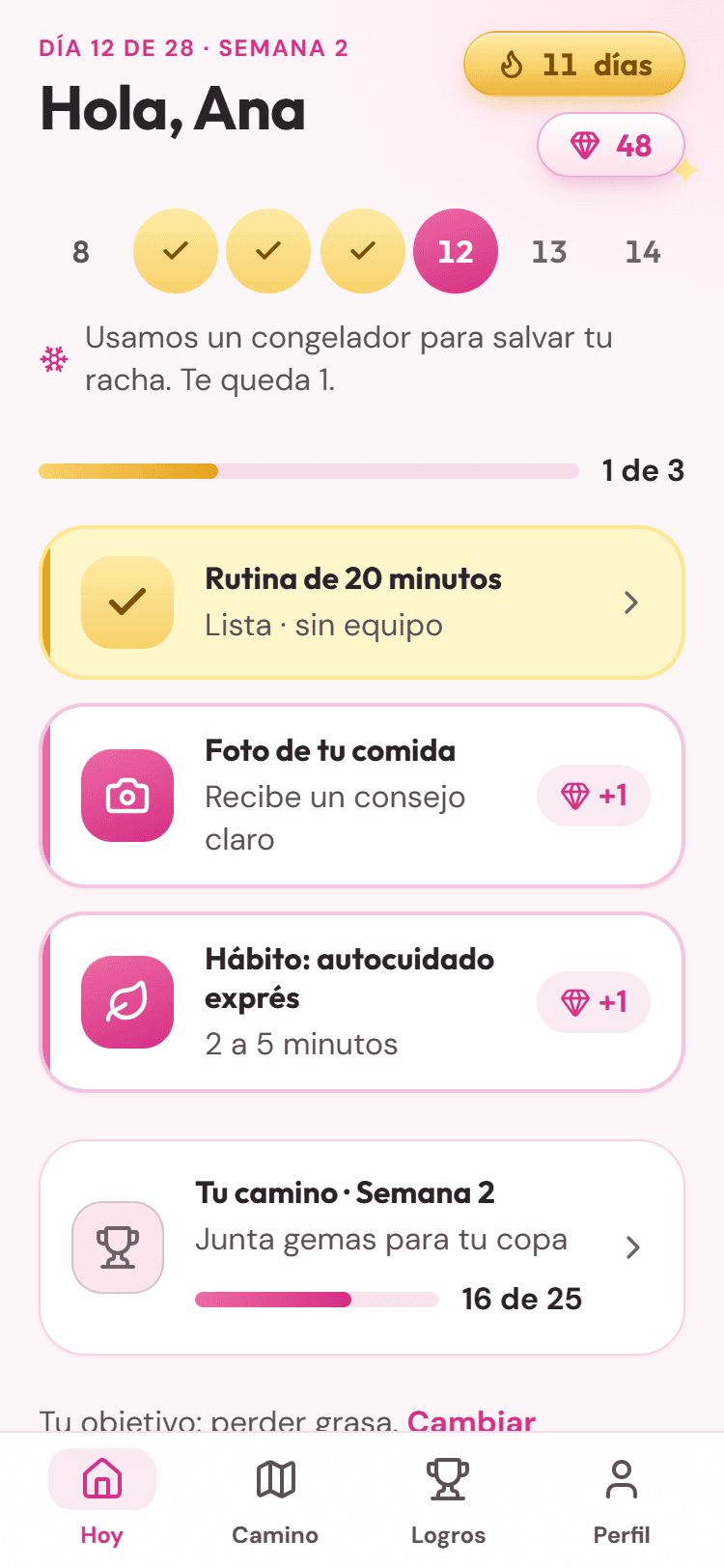 Pantalla Tu día de Reset 28: racha, gemas y tus 3 hábitos